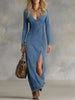 FJØRNA denim V-neck maxi dress for women, featuring a flowing silhouette and classic design, shown in the image.