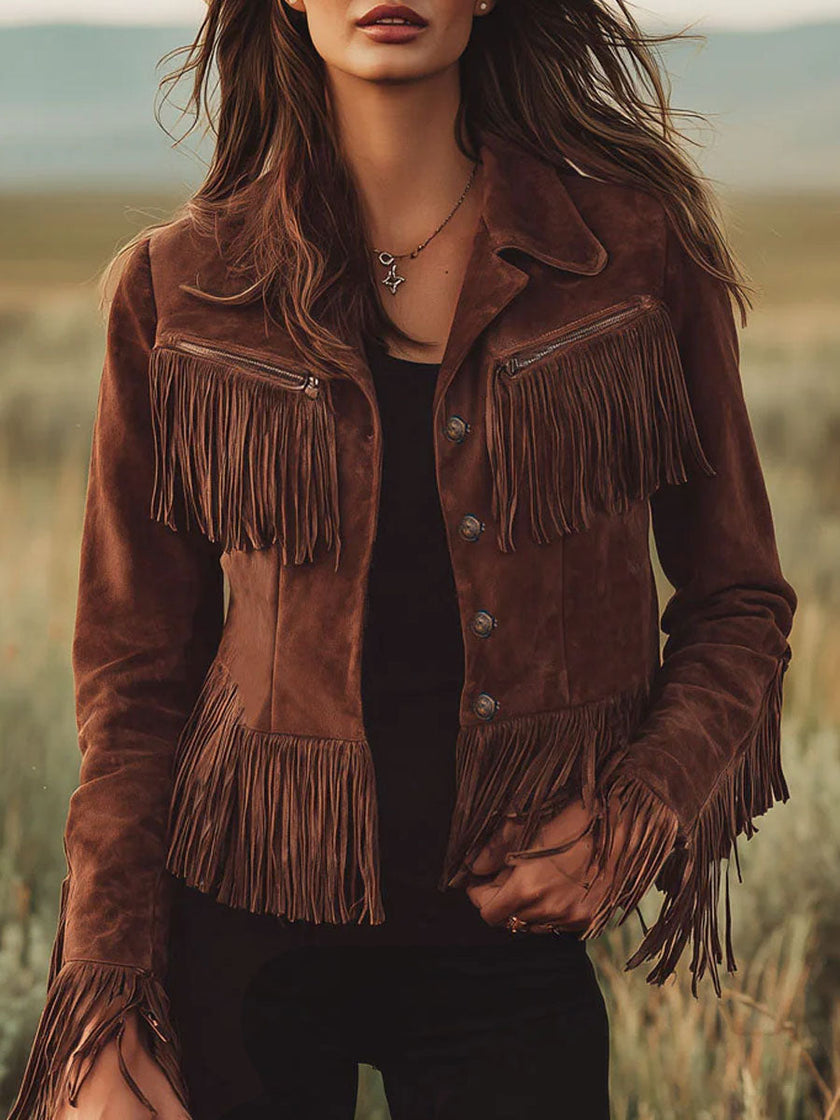 FJØRNA brown suede western tassel zip-up jacket with fringe details, styled as a boho-inspired jacket for women.