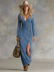 FJØRNA denim V-neck maxi dress for women, stylish and comfortable, featuring a flowing silhouette and sleeveless design.