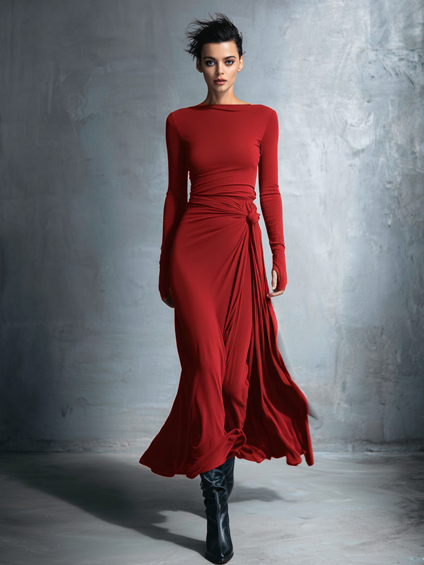 Grey knit wrap maxi dress for women by FJØRNA, featuring a flowing silhouette and long sleeves.