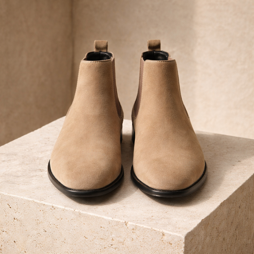 FJØRNA black slip-on Chelsea boots for men with sleek leather design and elastic side panels, stylish and comfortable footwear.