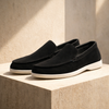 FJØRNA black suede casual slip-on loafers for men, showcasing smooth suede material and sleek loafer design.