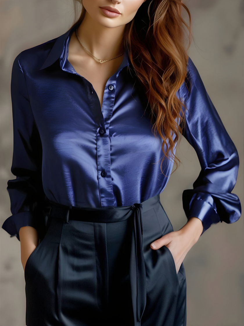 Cream long-sleeve satin lapel blouse for women by FJØRNA, featuring a stylish design and elegant fit.