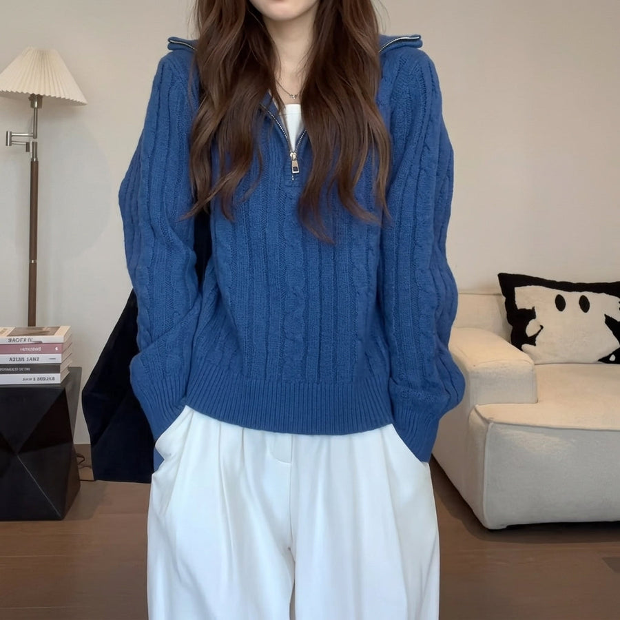 Cable-Knit Quarter-Zip Jumper Sweater with Silver-Tone Zip for Women | Penelope