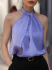 Lavender satin cross-neck sleeveless blouse for women by FJØRNA, featuring a stylish design and smooth satin fabric.