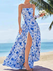 FJØRNA elegant women's maxi dress with floral print, back openwork slit design, and unique slit detailing for a stylish look.