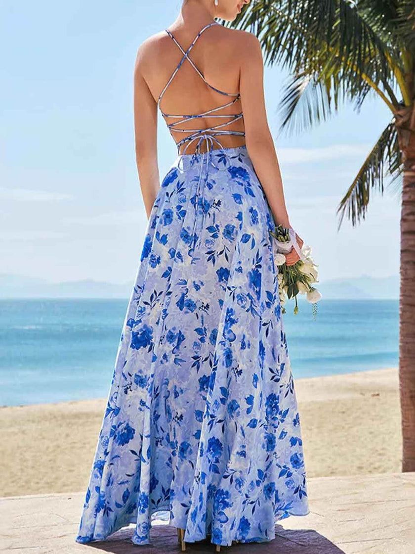 FJØRNA women's floral print maxi dress with elegant slit, back openwork design, and flowing silhouette.