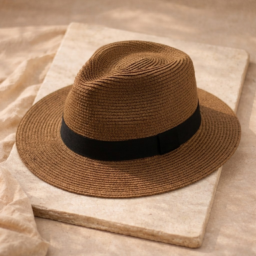 Men's FJØRNA Carolus Handmade Classic Panama Hat, summer sun hat with wide brim and woven straw texture.