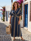 FJØRNA women's striped summer midi dress with short sleeves and wrap style, lightweight and perfect for warm weather.