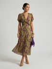 FJØRNA women's summer midi dress with floral pattern and V-neck, lightweight and flowy for warm weather.