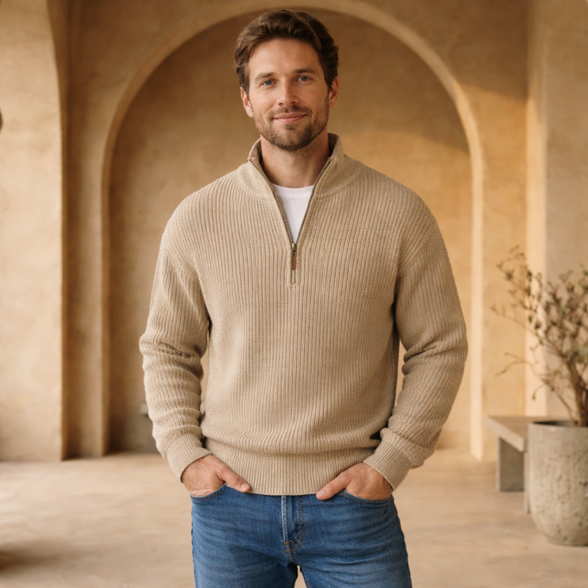 Men's FJØRNA half-zip collar knit jumper, cozy sweater with a stylish half-zip design and ribbed collar.
