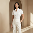FJØRNA linen-blend short sleeve women's blouse, loose fit top with relaxed fit and casual style, shown in natural fabric texture.