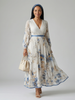 FJØRNA summer midi dress for women with floral pattern, V-neck, long sleeves, perfect for warm weather and casual occasions.
