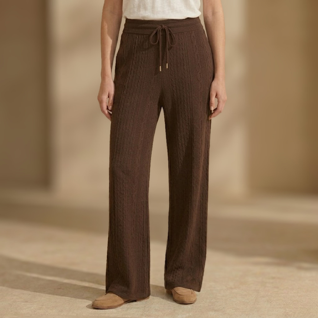 Women’s Knit Lounge Trousers by FJØRNA featuring cable-knit design, comfortable pants for relaxed wear.