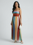 FJØRNA women's summer maxi dress with bold horizontal stripes, strapless design, flowing fabric, and vibrant colors.