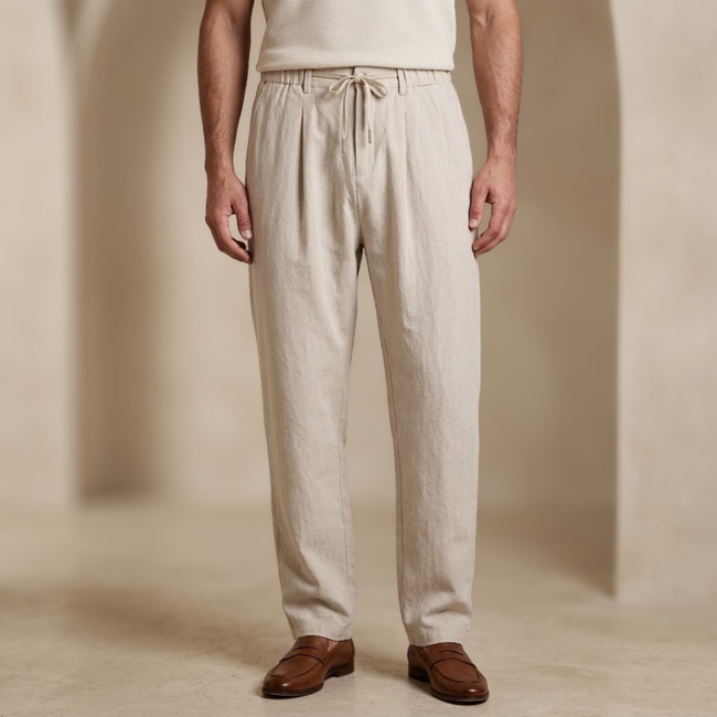 Men’s FJØRNA linen blend lightweight casual summer trousers, showing relaxed fit and breathable fabric for warm weather wear.