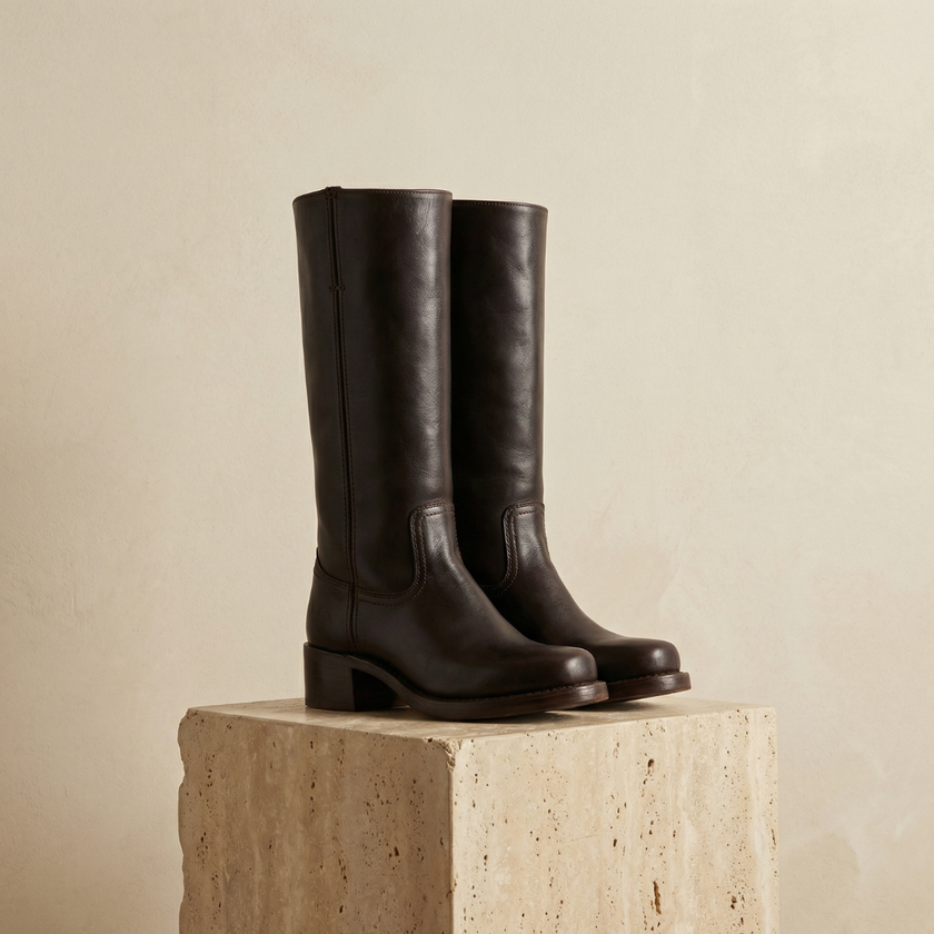 FJØRNA tan knee-high leather block heel boots for women, winter shoes with sturdy heels and sleek design.