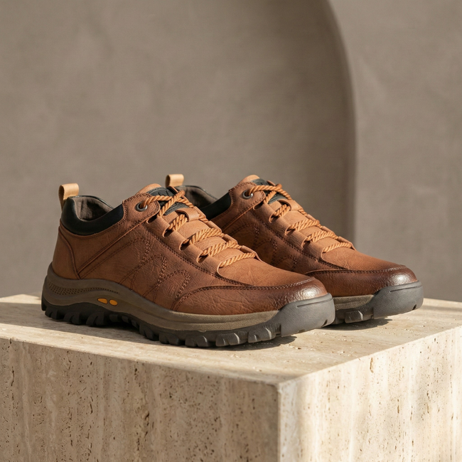 Men's red leather orthopedic shoes by FJØRNA with supportive design, ideal for comfortable walking and everyday wear.