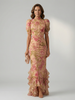 FJØRNA summer maxi dress for women with high neck and short sleeves, flowing lightweight fabric, ideal for warm weather.
