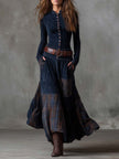FJØRNA suede patchwork maxi dress for women featuring a flowy design and layered suede patchwork details.