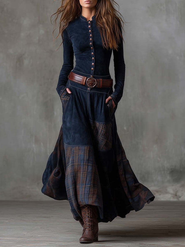 FJØRNA suede patchwork maxi dress for women featuring a flowy design and layered suede patchwork details.