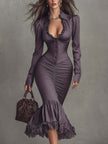 Dusty mauve lace ruched midi dress by FJØRNA, featuring elegant lace details and a fitted silhouette for evening wear.