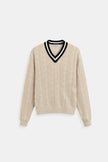 Cable Knit Sweater Women V-Neck Contrast Trim Cotton Long Sleeve