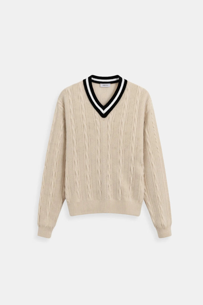 Cable Knit Sweater Women V-Neck Contrast Trim Cotton Long Sleeve
