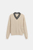 Cable Knit Sweater Women V-Neck Contrast Trim Cotton Long Sleeve