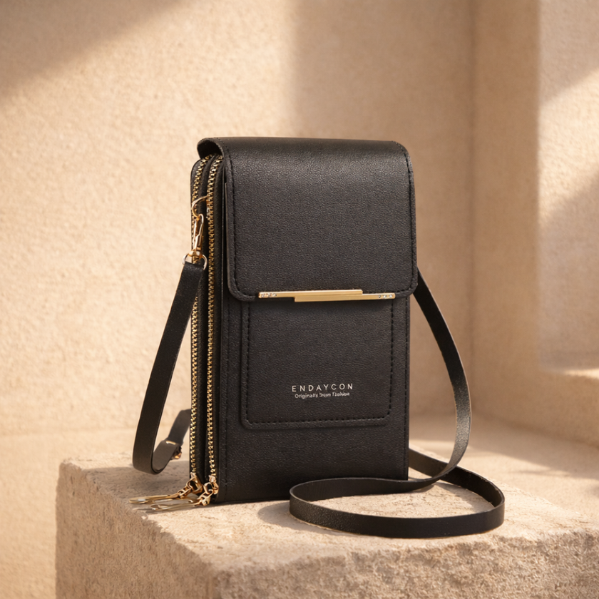 FJØRNA anti-theft crossbody bag for women, compact travel shoulder bag in black with secure zippers and adjustable strap.