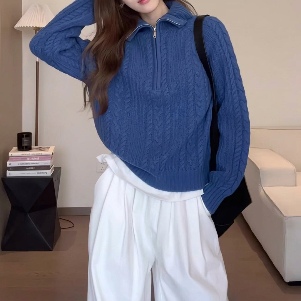 Cable-Knit Quarter-Zip Jumper Sweater with Silver-Tone Zip for Women | Penelope