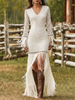 White lace V-neck maxi dress by FJØRNA featuring intricate lace details and a flowing silhouette, ideal for evening occasions.