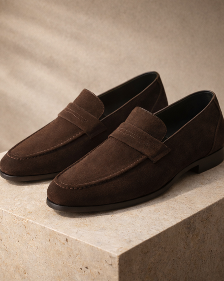 FJØRNA men's leather penny loafers with classic design, featuring smooth brown leather and slip-on style for casual and formal wear.