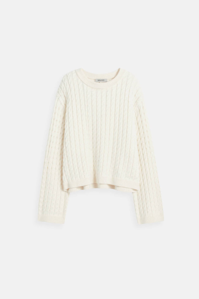 Cable Knit Sweater Women Loose Fit Drop Shoulder Cream