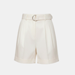 Women's high-waist pleated FJØRNA shorts with buckle detail, summer pants, stylish and lightweight for warm weather.