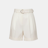 Women's high-waist pleated FJØRNA shorts with buckle detail, summer pants, stylish and lightweight for warm weather.