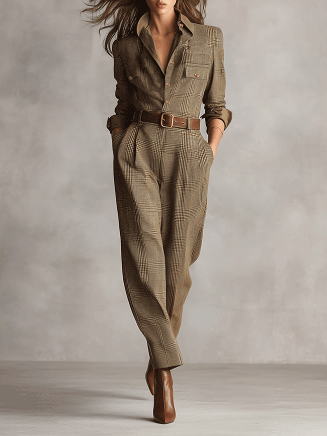 FJØRNA women’s tweed texture plaid jumpsuit with V-neck, collared neckline and utility pockets, stylish and comfortable pants.