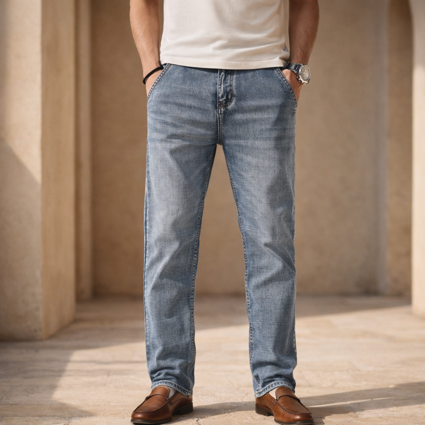 Men’s lightweight casual straight leg jeans by FJØRNA, showing the denim fabric and classic fit design.