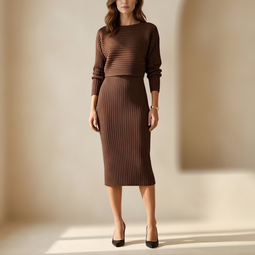 FJØRNA women's ribbed knit top and skirt co-ord set, two-piece set in matching fabric, shown on a model.