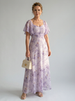 FJØRNA summer floral midi dress for women with square neckline, lightweight fabric, and sleeveless design.