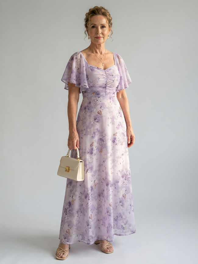 FJØRNA summer floral midi dress for women with square neckline, lightweight fabric, and sleeveless design.
