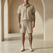 Men's linen blend shirt and shorts co-ord set by FJØRNA, perfect for summer vacation, shown in a casual daytime outfit.