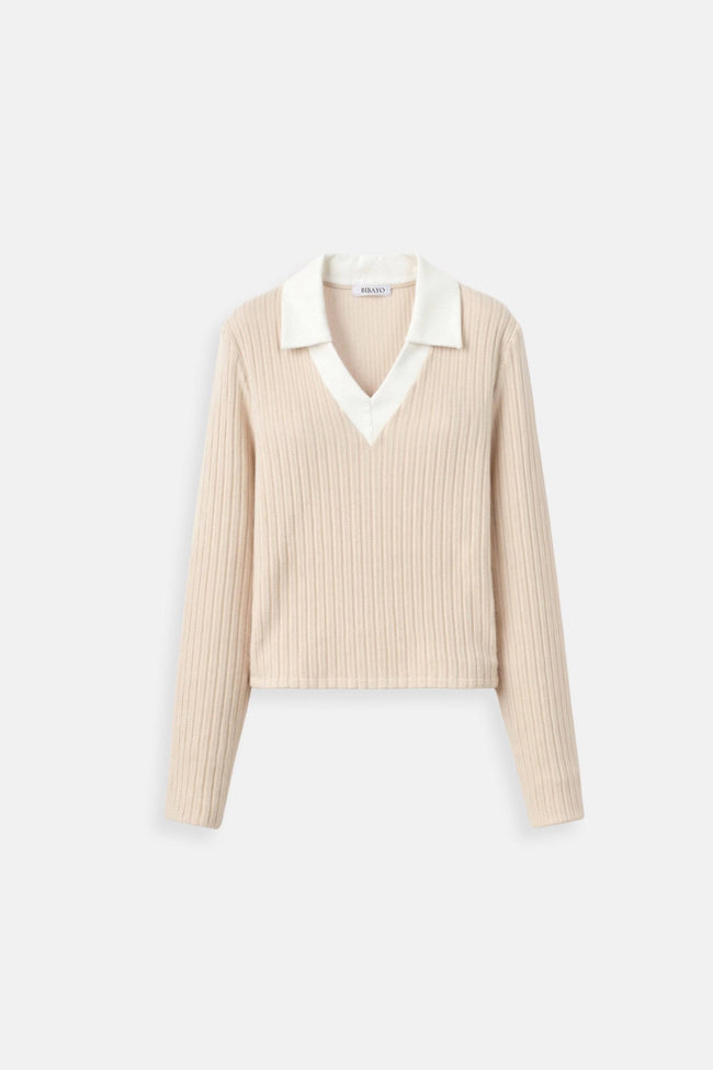 Rib Knit Polo Sweater Women Slim Fit Wool Lapel Collar