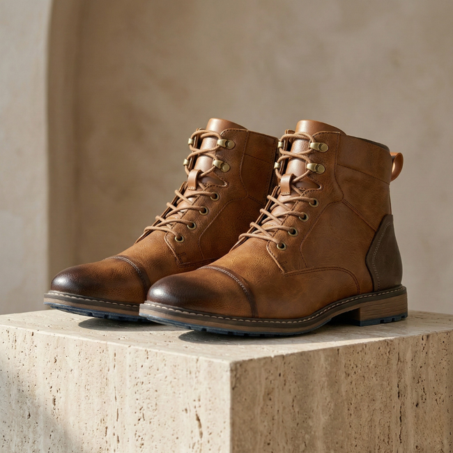 Men's FJØRNA leather orthopedic hiking boots with sturdy soles and ankle support for durable outdoor walking.
