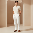 Men's high-waist straight-leg linen look trousers by FJØRNA, shown in a tailored, lightweight fabric with a classic fit.