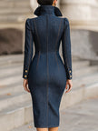 FJØRNA blue double-breasted structured denim midi dress with a fitted waist and long sleeves, styled as a cocktail dress.