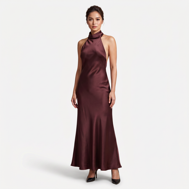 FJØRNA women's satin halter maxi dress with open back and cowl neck, ideal for formal evening occasions.