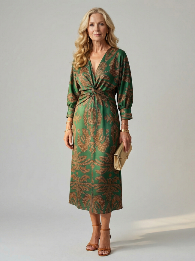 FJØRNA women's summer midi dress with long sleeves, wrap style, flowy fabric, perfect for warm weather and casual occasions.