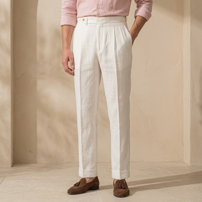 FJØRNA men's linen pleated straight-leg trousers, tailored linen pants for men, featuring a clean, structured fit and classic design.