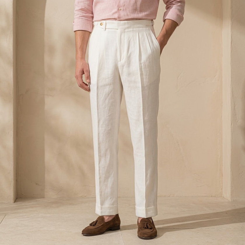 FJØRNA men's linen pleated straight-leg trousers, tailored linen pants for men, featuring a clean, structured fit and classic design.